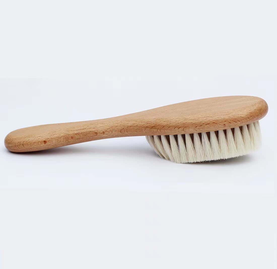 Brosse à cheveux pour bébé avec manche en bois et poils de chèvre super doux pour nouveau-nés et tout-petits, marron