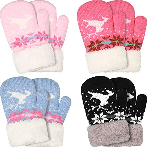 4 Pairs Kids Winter Sherpa Mitten Gloves Knit Thick Gloves Cute Reindeer Snowflake Gloves for Boys Girls Toddler