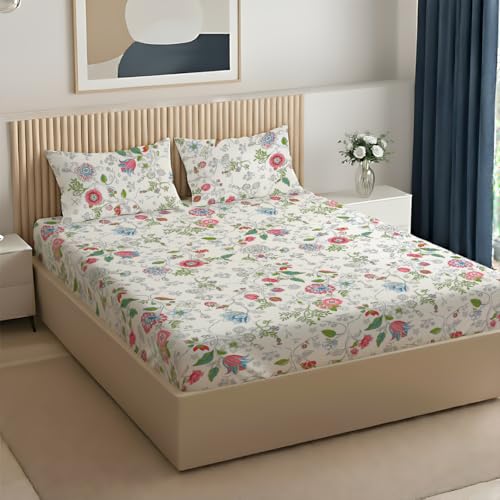 Image of Livspace Cotton Super King Size Bedsheet for Double Bed | 108 inch x 108 inch | 144 TC Flat Cotton Bedsheet with 2 Pillow Covers, Soft & Breathable - Bello Pure Nest Collection (Pink)