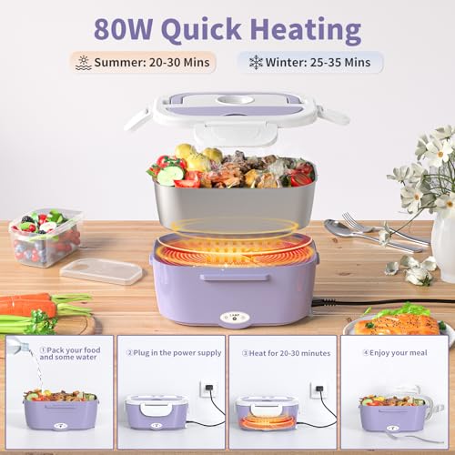 Image of Vingud Electric Lunch Box for Adults, Heated Lunch Box Food Warmer, 80W Portable Heating Lunchbox for Women /Work /Car /Truck, 12 /24 /110V Lonchera Electrica Portatil Christmas White Elephant Gifts,Violet