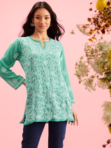 Image of Ada Women's Georgette Regular Fit Chikankari Hand Embroidered Lucknow Short Kurti Top A911224