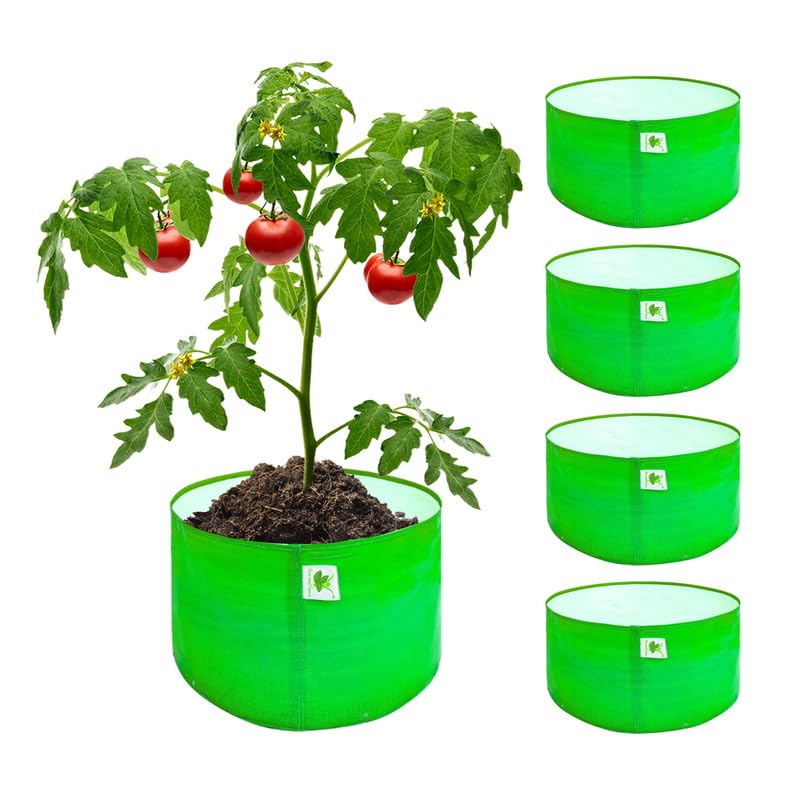 Image of Sow and Grow HDPE UV Protected 270 GSM Round Grow Bags for Terrace and Backyard Gardening Planters for Vegetable, Flower, Herbs and Fruits Green Color, Reusable Plant Bags (18x6 INCH, 5)