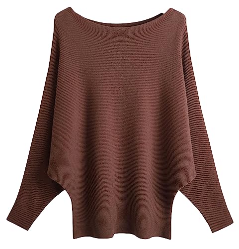Image of FULIER Women Oversized Boat Neck Batwing Sleeves Dolman Knitted Sweaters Lightweight Pullovers Tops One Size