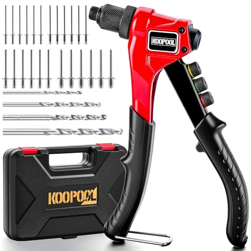 KOOPOOL Rivet Gun Kit Adjustable Stroke Design Manual Pop Rivet Tool with 200 Rivets and 4 Drill Bits 4 Tool-Free Rivet Heads Heavy-Duty Hand Riveter with Sturdy Case for Metal Plastic Leather