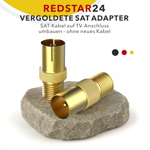 RedStar24 SAT Adapter Vergoldet - F-Kupplung auf Koax-Stecker & Buchse IEC, SAT zu Antennenkabel-Umwandler, Hochwertiges 2er Adapter-Set für F-Kupplung und Koax-Anschlüsse, Ideal für TV und Receiver – Bild 3