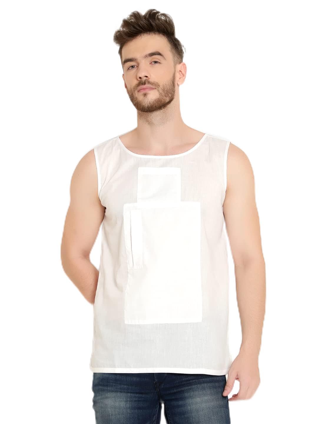 LATEST CHIKAN Men's White Cotton Travel Vest |2 Hidden Pockets | Sleeveless |