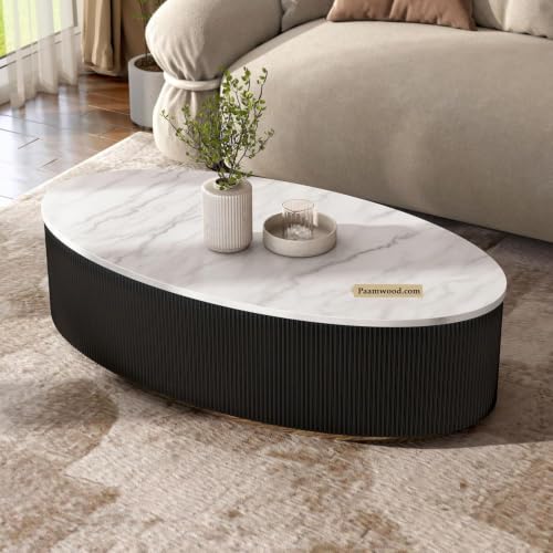 Image of Luxury Oval Black Coffee Table with Nano Composite Marble-Look Top & Gold Base, Waterproof Plywood, Contemporary Center Table with Ribbed Fluted Design for Living Room & Home Decor