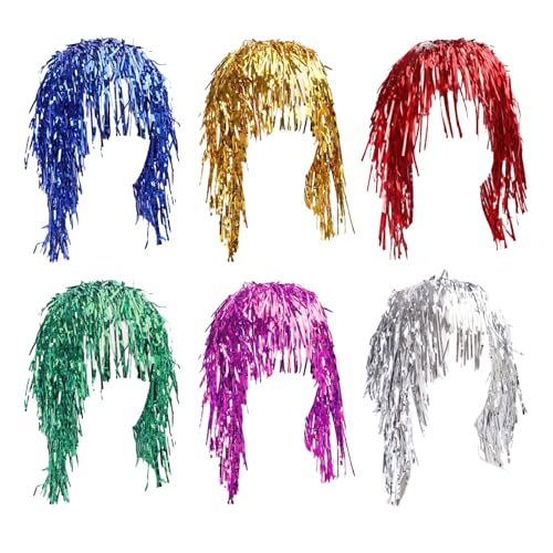 FUIPVGI 6 Pièces Tinsel Wig, Perruque Métallique Brillant Dames, Coloré Guirlande Perruque, Couleur Perruques Déguisement Adulte pour Noël Halloween et Soirée Célibataire Cosplay (Multicolore)