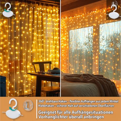 HXWEIYE 300LED Lichtervorhang 3mx3m USB, Fernbedienung, 8 Modi & Timer – Ansicht 3