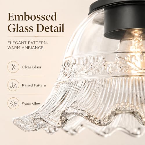 Image of Matte Black Bathroom Wall Sconce Vintage Style, E26 Easy Mounted | Vanity Light with Flower Glass Shade, Bathroom Wall Lighting Fixture Beside Mirror, Easy Mounted for Bedroom, Hallway