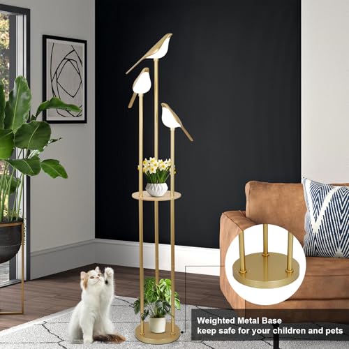 Gold Modern Floor Lamps with Shelves and Adjustable LED Lights for Living Room and Kids' Bedroom