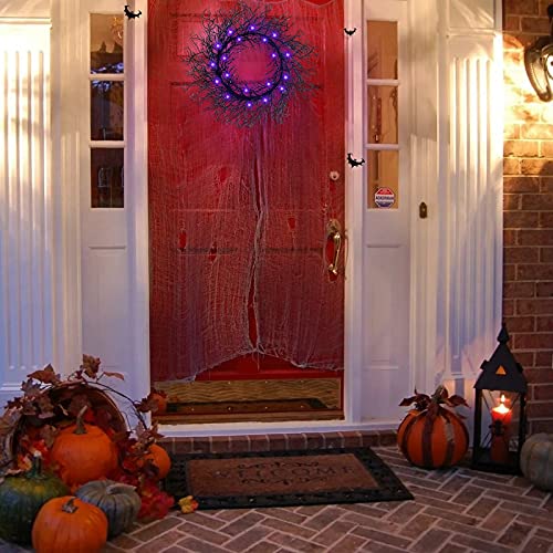[ Prelit & Timer ] 18 Inch 20 Lighted Black Halloween Wreaths For Front Door Halloween Decorations Purple Lights Glittered Wreath Battery Operated For Indoor Outdoor Home Window Halloween Decor #TOP5