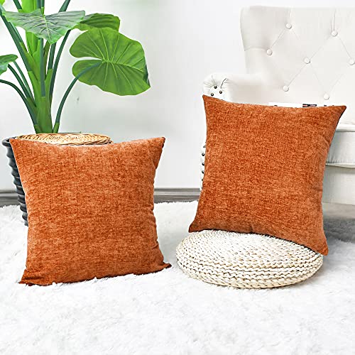 Image of CaliTime Pack of 2 Cozy Throw Pillow Covers Cases for Couch Sofa Home Decoration Solid Dyed Soft Chenille 12 X 12 Inches Burnt Orange