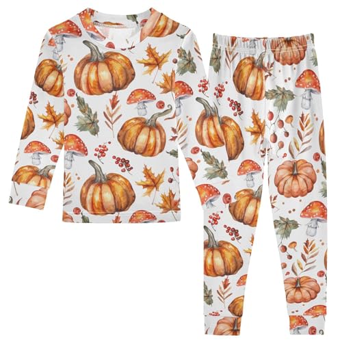 Fustylead Watercolor Fall Pumpkin Maple Leaves Mushroom Cotton Pajamas Long Sleeve Sleepwear Lounge Set