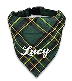 Hundehalstuch mit Hundehalsband Verstellbar mit Namen bestickt Schotten Karo 6 Farben (Grün)