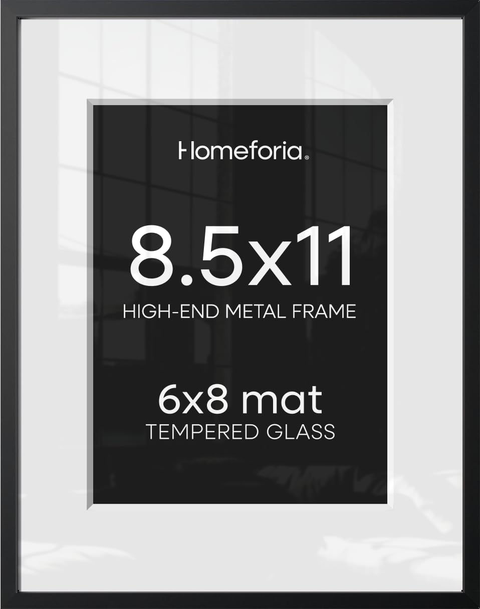 Homeforia 8.5x11 Black Picture Frame, High-End Metal, 6x8 Mat, Glass