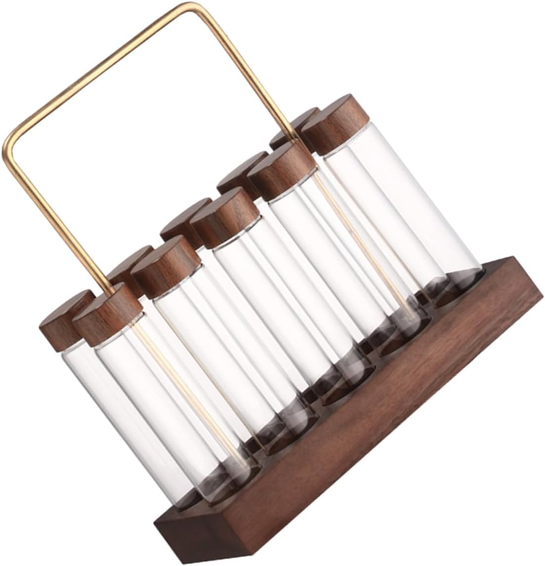 Glass Coffee Bean Storage Tubes with Threaded Sealed Lids and Walnut Wood Stand Airtight Glass Jars for Freshness Preservation Space-saving Organizer for Kitchen Coffee Lovers