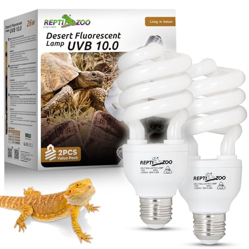 REPTI ZOO UVB Light for Desert Reptile 2 Pack, 10.0 26W UVA UVB Reptile Light Bulb, UVB Spiral Compact Lamp for Bearded Dragons Tortoises Lizards Snakes