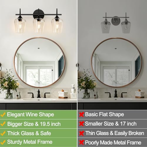 Image of MOKATNG 3-Light Bathroom Light Fixtures, Black Vanity Lights for Bathroom with Clear Glass, 19.5 Inch Bathroom Lighting Fixtures Over Mirror, Modern Wall lamp for Cabinet Hallway