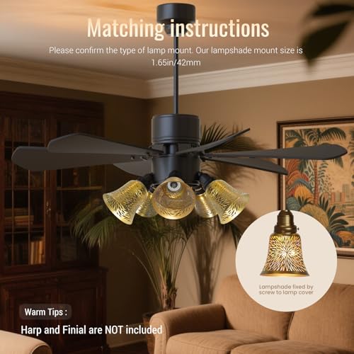 Image of 4 Pack Laser Cut Metal Lamp Shades, Gold Chrysanthemum Ceiling Fan Covers | Size: 2.16 inch Top x 4.72 inch Bottom x 4.72 inchH. UNO fitter metal lamp shades for ceiling fan lights, wall sconces and chandeliers.