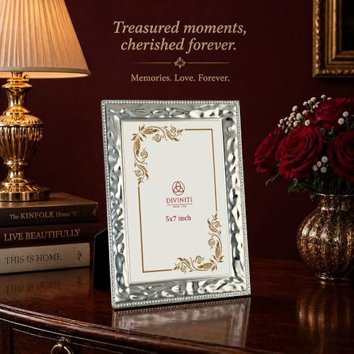 Image of DIVINITI German Silver Photo Frame 5x7 Inch | Luxury Silver Plated Picture Frame for Table & Wall Decor | Elegant Engraved Design with Stand | Premium Gift Frame for Home Decor & Gifting