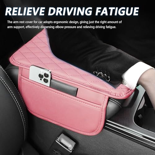 Image of Upgraded Car Armrest Cover, Microfiber Leather Arm Rest for Car Cushion with 2 Pocket Car Organizer, Universal Car Interior Accessories for Cars SUV Trucks (Pink)