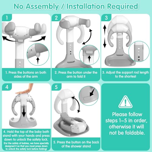 Image of One Piece No Assembly /Installation Baby Shower Stand with Anti-Slip Base and Shower Holder, Foldable Baby Bath Standing Support for Boy /Girl, Adjustable Toddler Stand Up Bath for 6-36 Months, Gray