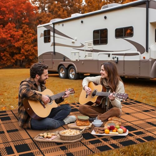 Image of GENIMO Outdoor Rug, Waterproof Plastic Rugs for Patio, 6'x9' Amber Black | Outside Larger Modern Carpet Mat for Porch Decor, Deck, Balcony, Camping, RV, Backyard, Picnic, Beach, Reversible, Foldable