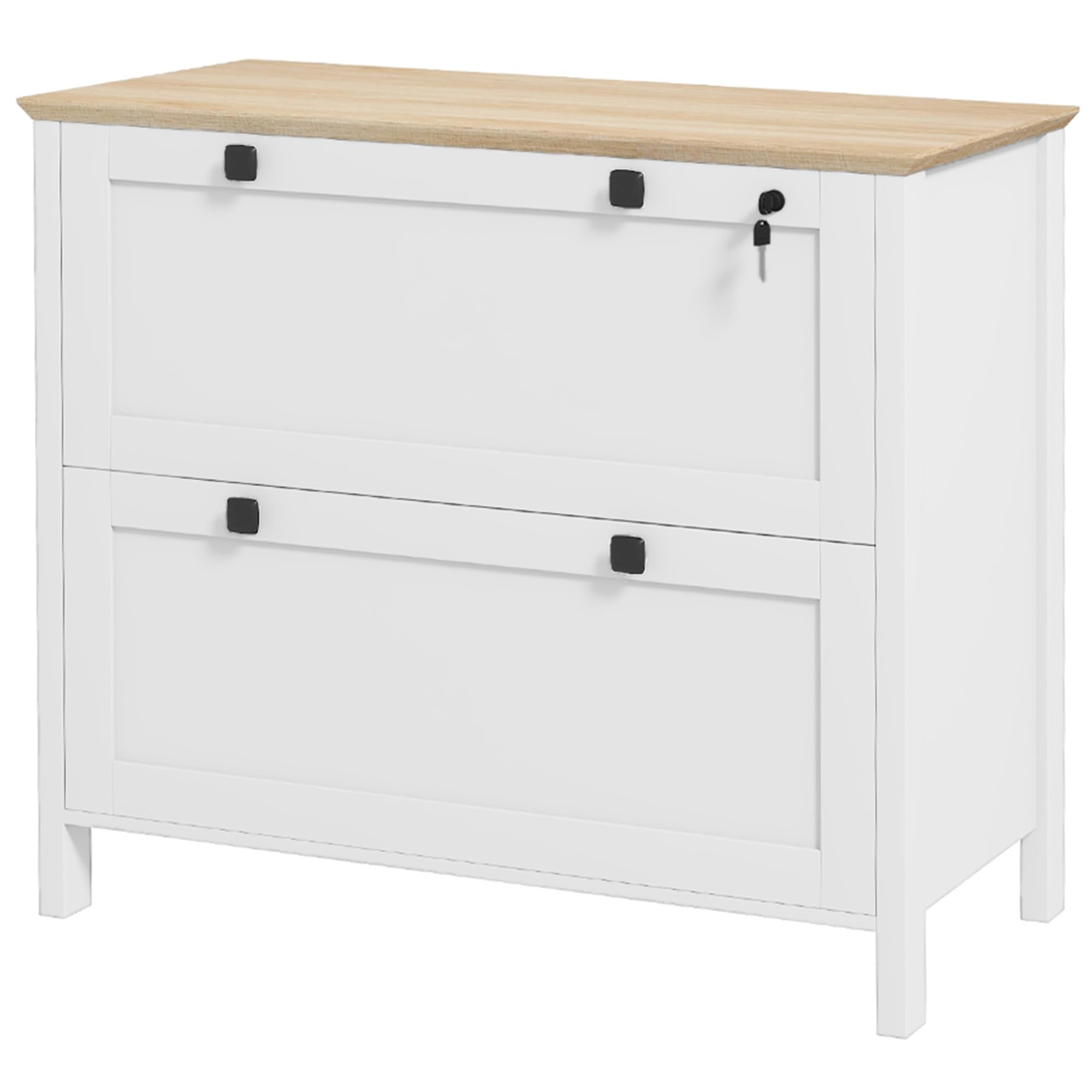 HOMCOM Cajonera de Oficina Mueble Archivador con 2 Cajones 2 Barras para Colgar 2 Llaves y Cerradura para Papel Tamaño A4 para Estudio Sala de Estar 79x40x72 cm Roble y Blanco