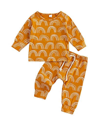 Image of Bingqiling Toddler Baby Girl Boy Rainbow Print Outfits Fall/Winter Newborn 2 Pcs Clothing Sets Long Sleeve Crewneck Sweatshirt+Pant