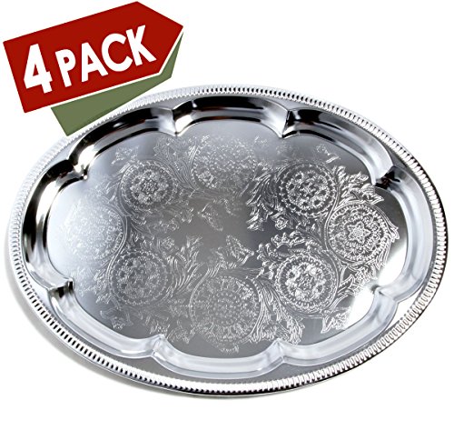 Maro Megastore (Pack Of 4) 18.1-Inch X 13.3-Inch Traditional Oval Floral Pattern Engraved Catering Chrome Plated Serving Plate Mirror Tray Platter Metal Tableware Holiday Party Large T225-4Pk #TOP1