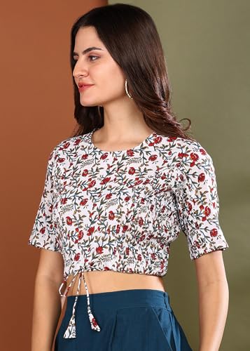 Image of Yash Gallery Women's Cotton Floral Printed Regular Blouse (White)