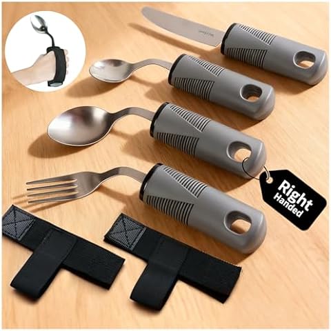 AKIMRABY Adaptive Utensils Set, 4-Piece Weighted Utensils with 2 Elastic Strap for Parkinson’s, Arthritis and Hand Tremors, Non-Slip Handles for Easy Grip & Independence, Right Handed Cover