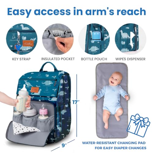 Image of PILLANI Baby Diaper Bag Backpack - Large Waterproof Travel Diaper Bag for Boys & Girls, 16 Organizer Pockets with Changing Pad, Insulated Bottle Pockets & Stroller Straps, Baby Shower Gifts, Dinosaur