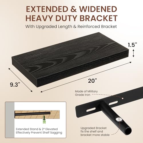 Image of Dreamland 20 Inches Floating Shelves for Wall, 9.3 inch Deep Long Floating Shelves Set of 2, Large Display & Storage Shelf, Wall Shelf for Bathroom Bedroom Living Room Kitchen Office, Black