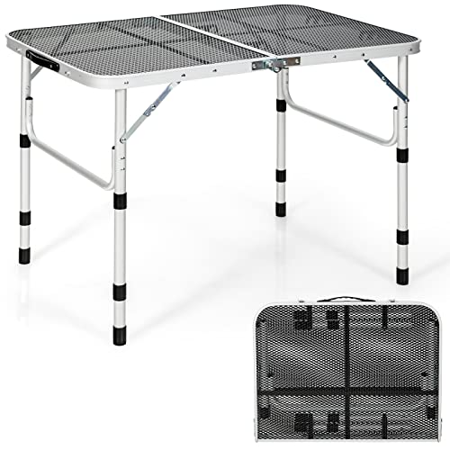 GYMAX Table de Camping Pliante avec Hauteur Réglable en 3 Étapes, Plateau de Grille de Fer&Tapis Antidérapant, Table Pliante avec Poignée pour Terrasse, Jardin & Camping
