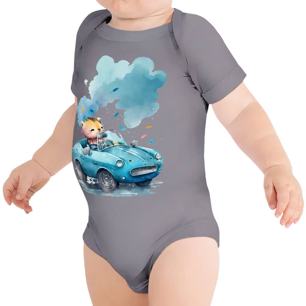 Cute Animal in Car Baby Onesie - Items for Kids - Car Print Apparel - True Royal, 3-6 Months