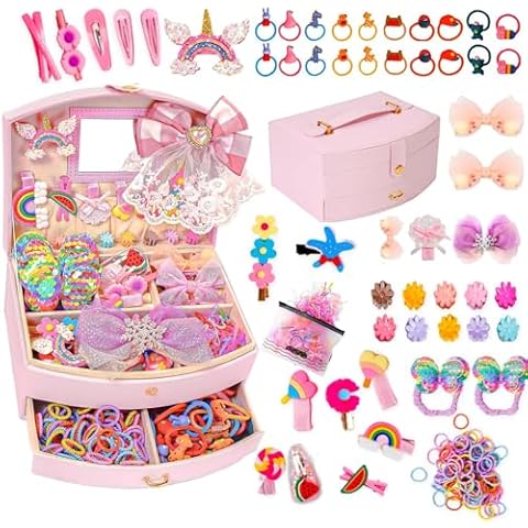 Hair Accessories for Girls Set for Girls Including Jewelry Box/Hair Clips/Hair Ties/Girl Birthday Gifts for girls Age 4-10 (Square Jewelry Box) Cover