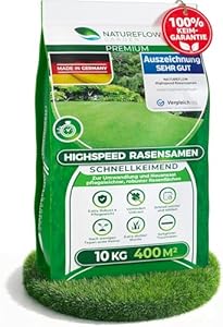 Rasensamen schnellkeimend Frühjahr 10kg – TEST SEHR GUT – Grassamen schnellkeimend Rasen Nachsaat Made in Germany – Rasensaat 400qm - Rasensamen Frühjahr Samen von Natureflow