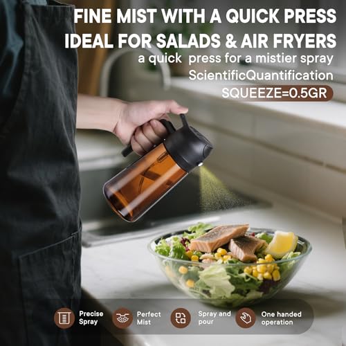 Image of Oliver Oil Sprayer & Dispenser for Cooking Bottle 16oz Dark Glass Fine Mist | Brown Bottles-Black,2-in-1 Lightproof Borosilicate Glass Oil Bottle, Wide Mouth for Easy Refill Clean