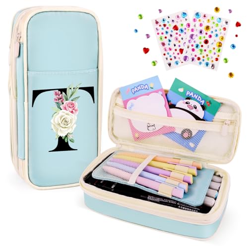Image of Preppy Pencil Case for Girls, Cute Large Pencil Pouch, Personalized Initial Pencil Bag with Zipper for School College Office Supplies, Back to School Supplies Gifts for Teen Girls (T, Blue)