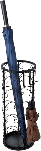 MyGift Soporte para paraguas de metal negro mate con pergamino decorativo vintage, soporte independiente para bastones o bastones con 3 ganchos para