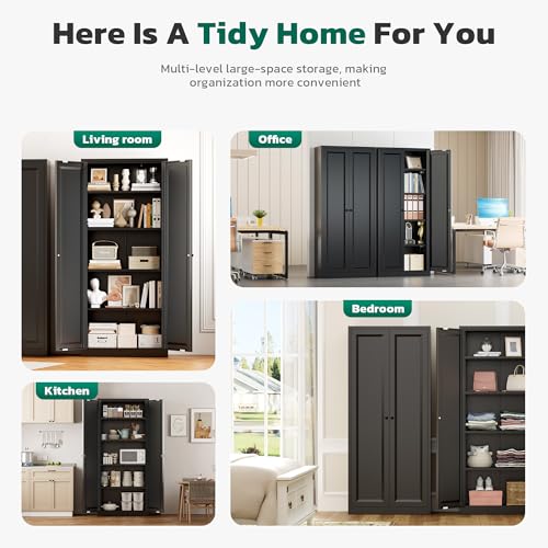 Image of Greenvelly Metal Storage Cabinet, 63 inch H Black Metal Storage Cabinet with Doors and 4 Shelves, Lockable Steel Cabinets for Living Room, Office, School (Black - Modern)