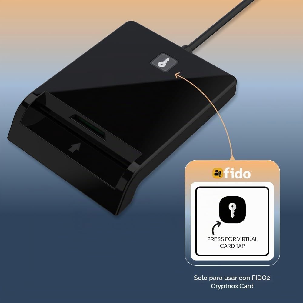 Lector de tarjetas inteligentes de contacto - Lector de tarjetas inteligentes USB con botón virtual para FIDO2 (solo Windows, Cryptnox Cards) - Compatible con Windows, MacOS y Linux - CCID, ISO7816