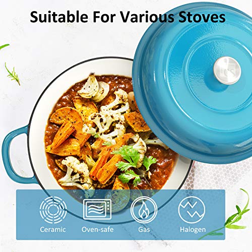 Enamel Cast Iron Casserole Dish with Lid --CSK Cast Iron Braiser Pan with Porcelain Coating, 4 QT Enameled Cast Iron, Steel Knob Cover & Double Loop Handles, Cast Iron Casserole Dish, Card Blue. 4 Gallery Image