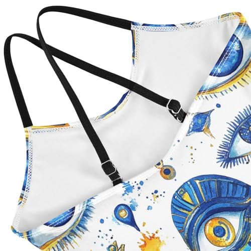 Pigsaly Girls One Piece Swimsuits Watercolor Egyptian Evil Eye Kids Cross Back Swimwear Toddler Beach Sport Bathing Suit 3T4