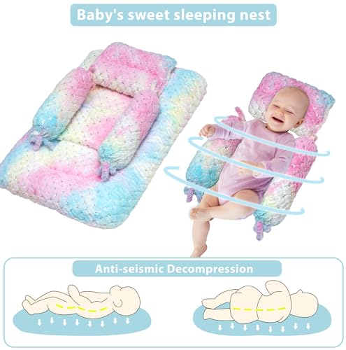 Image of Baby Mattress Set New Born Baby Sleeping Combo 4 Pcs Bedding Rainbow Eyes and Pink Colour (Multicolor)