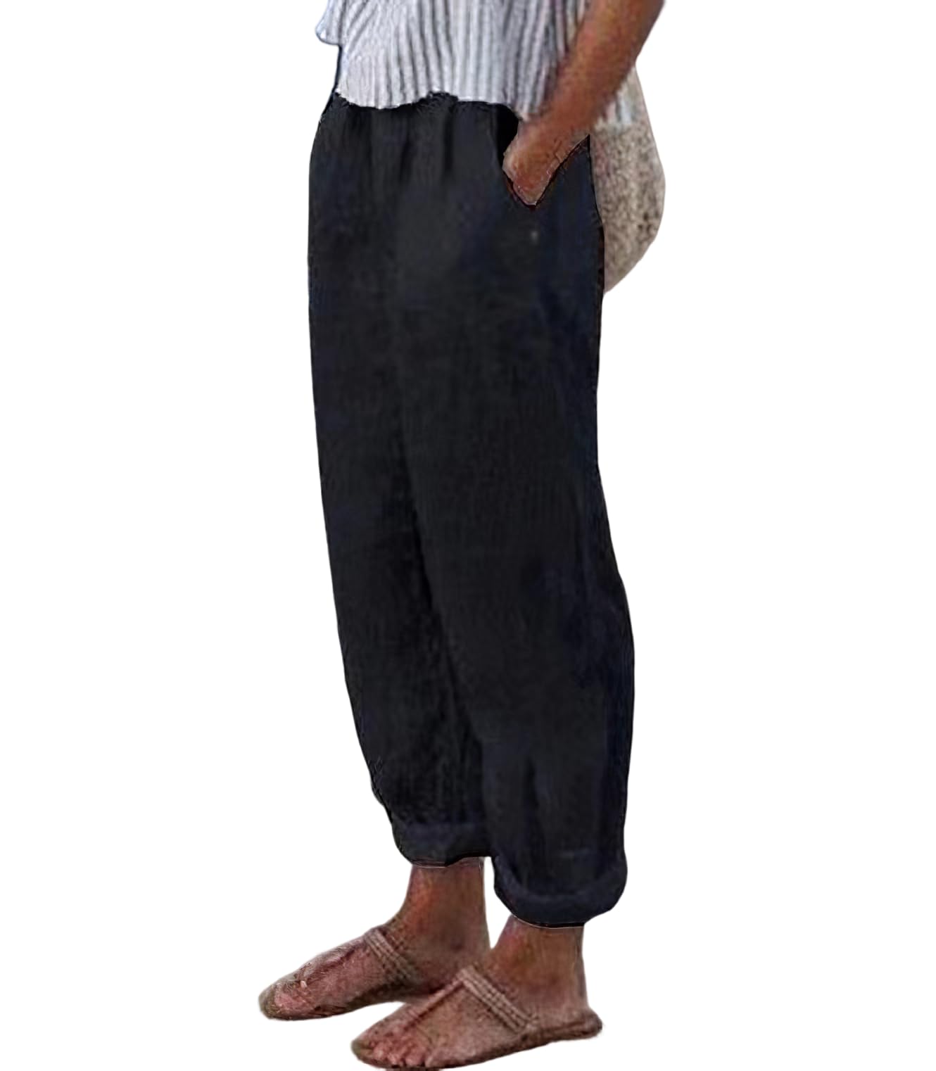 TIAFORD Women's Summer Casual Cotton Linen Pants Elastic High Waist Loose Wide Leg Beach Vacation Pants with Pockets