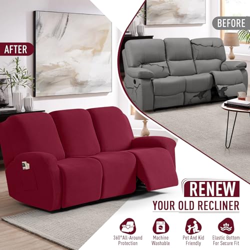 Image of TAOCOCO Recliner Sofa Covers 8-Pieces Stretch Large Couch Covers for 3 Seats Reclining Slipcovers Soft Jacquard Pattern Furniture Protector (Burgundy)