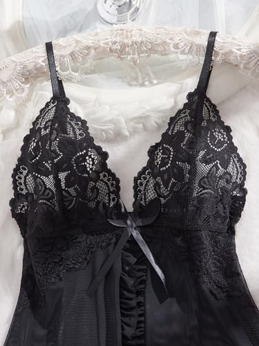 Image of Foxiny Sexy Lingerie Dress 2pcs Women Night Gown with Thong 3XS-6XL | Mesh Sheer Lace Babydoll Dress Set Plus Size Bridal Wedding Halloween Christmas Valentine's Day Negligee See Through